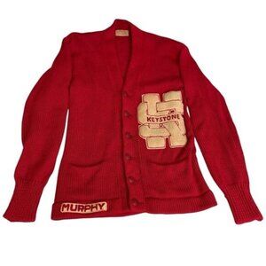 Keystone Murphy Mens Red 60s Cotton Embroidered Knit Cardigan Sweater Medium.